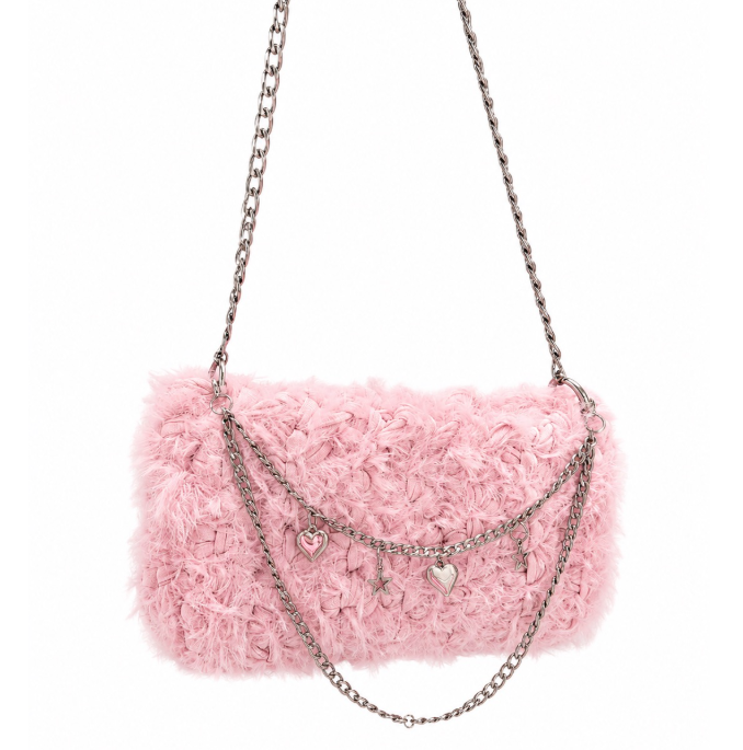 Bag Luna Algodão Doce rosa handmade com textura macia, corrente metálica e fecho imantado