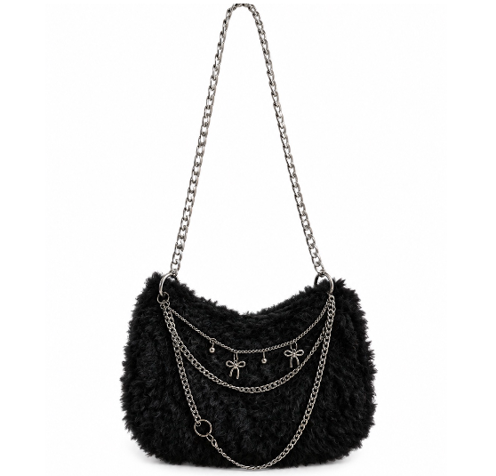 Bag Valerie Ônix preta handmade com acabamento felpudo, corrente prateada e pingentes de laço
